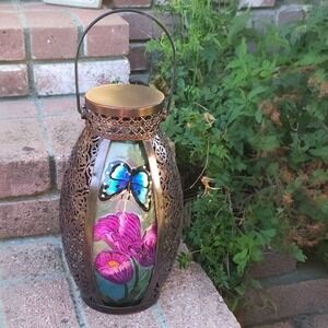 Barbara King 19.5" Illuminated Botanical Press Glass Lantern Butterfly & Flowers